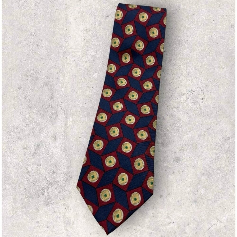 NEW BURBERRYS Silk Tie USA Blue Burgundy Gold Geometric W:3.8" - Picture 1 of 7